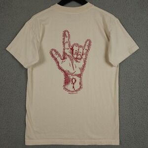 While We Were Still Sinners Shirt Mens Medium Cream Red Romans 5:6-8 Hand Tee